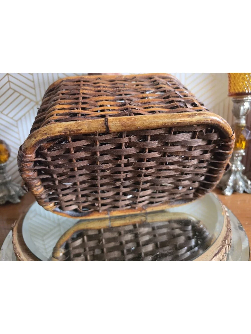Vintage Lifetime Cutlery Old Homestead Wood Handle Flatware w Wicker Caddy 59pc
